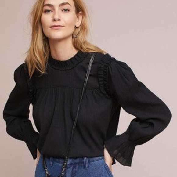 Anthropologie Tops - Anthropologie Moon River Black Ruffle Bell Slv XSP
